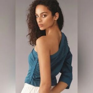 NWT By Anthropologie One-Shoulder Puff-Sleeve Top Teal Size Small